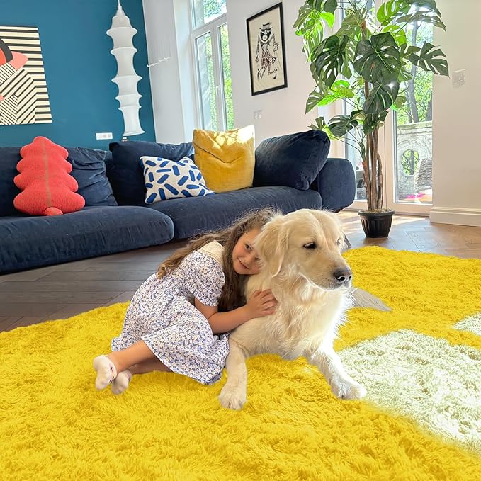 OLANLY 5x7 Machine Washable Large Area Rugs for Living Room, Bedroom, Soft Fluffy Shaggy Bedside Rug, Indoor Floor Carpet for Kids Girls and Boys, Dorms, Nursery, Home Decor Aesthetic, Yellow