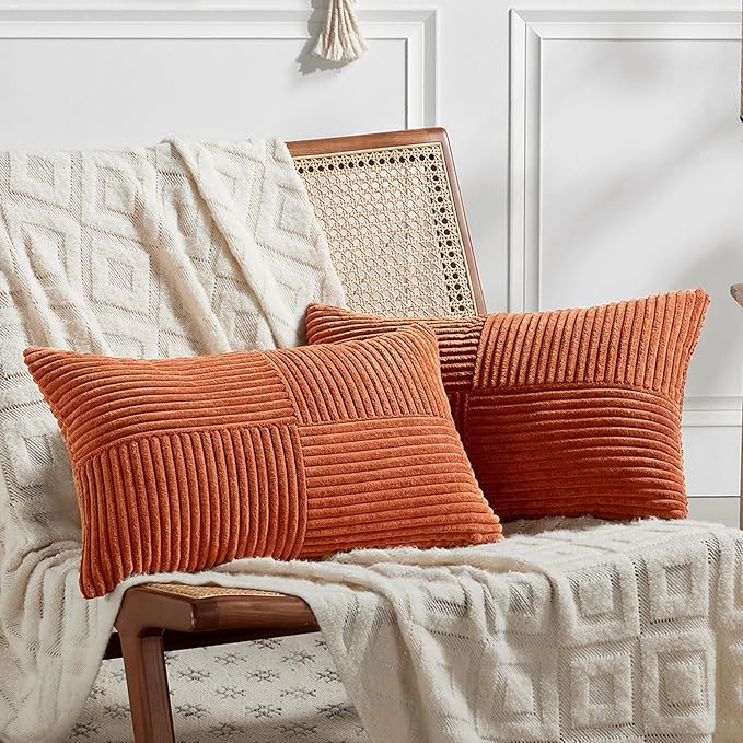 Fancy Homi Set of 2 Burnt Orange Long Lumbar Decorative Throw Pillow Covers 14x24 Inch for Living Room Couch Bed, Boho Farmhouse Fall Home Decor, Soft Corduroy Corss Textured Cushion Case 35x60 cm