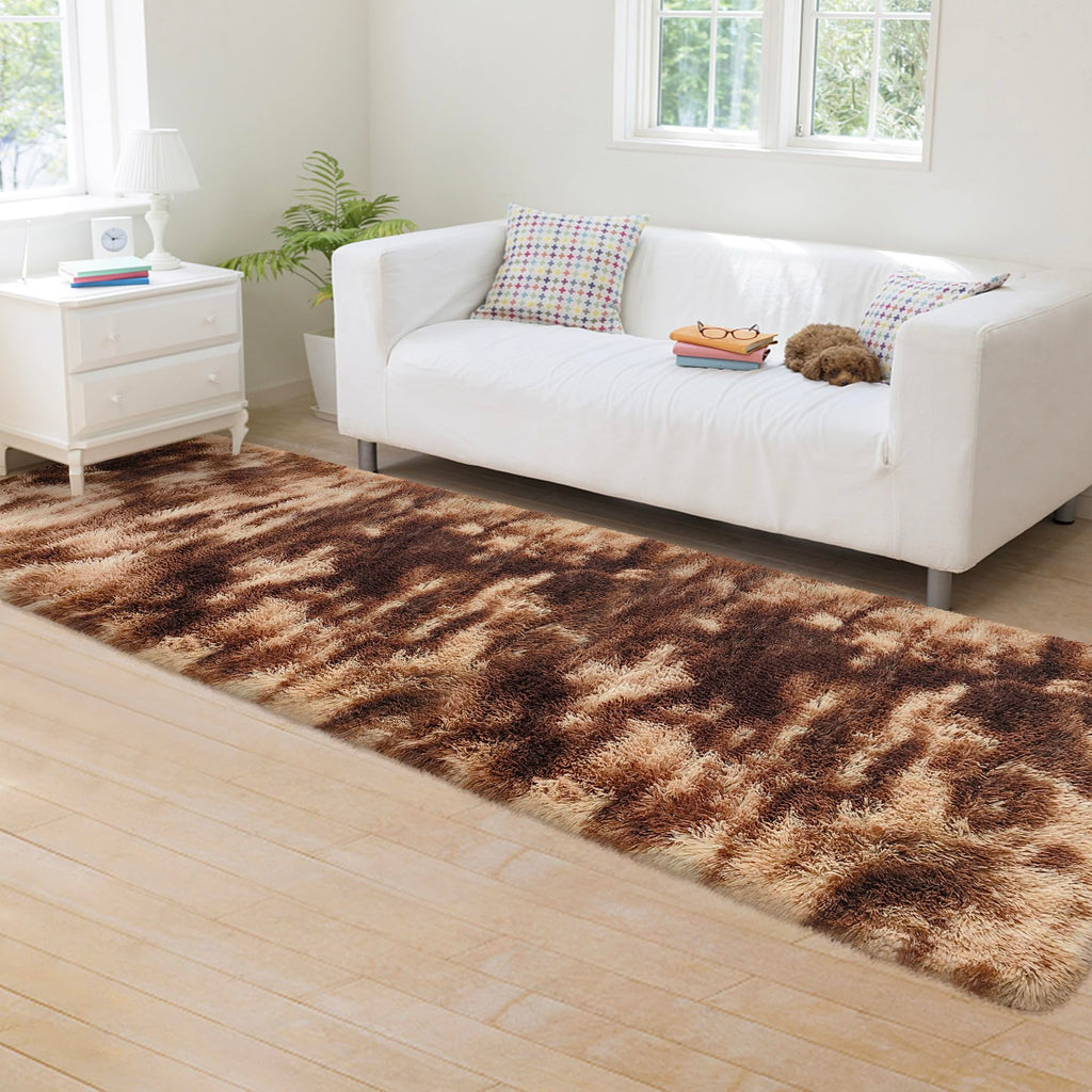 JiaoBaba Super Soft Fluffy Living Room Area Rug 2x8 ft Tie-Dyed Brown Shaggy Furry Carpet Washable Non-Slip Floor Rugs Bedroom Bedside Nursery Rug Fuzzy Girls Boy Dorm Home Decor Aesthetic