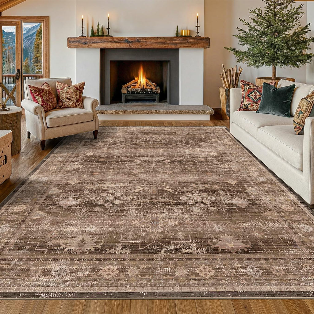 Hazo Haus Boho Taupe Brown Living Room Rug 8x10 - Modern Vintage Traditional Eclectic Oriental Neutral, Washable Low Pile Non-Slip Extra Large Area Rugs for Dining Under Table Bedroom Lounge