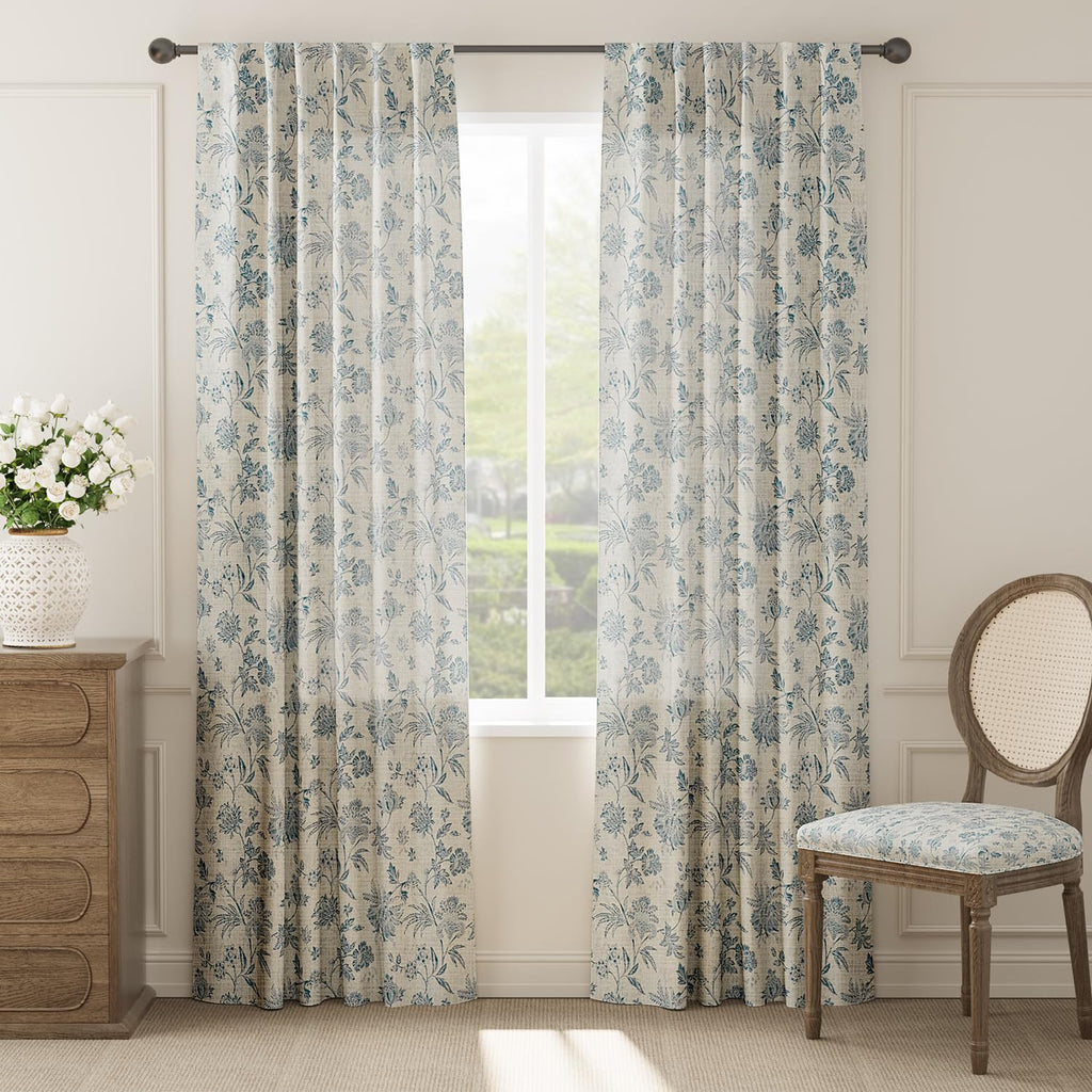jinchan Linen Floral Curtains for Living Room with Printed Flower 90 Inches Long Light Filtering French Country Back Tab Rod Pocket Blue Window Curtain Set Farmhouse Drapes 2 Panels Blue