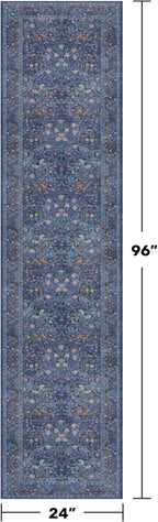 Dark Blue 2x8 Kitchen Runner Rugs - 8ft Long Machine Washable Hallway Runner Non Slip, Floral Pattern Indoor Floor Mats for Entryway, Oriental Floral Design Home Décor