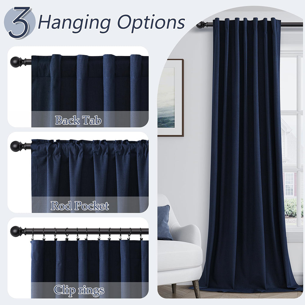 Guken Navy Blue 100% Blackout Linen Curtains 63 Inch Length 2 Panels Set for Living Room Bedroom Back Tab Thermal Insulated Black Out Drapes Room Darkening Farmhouse Window Curtains 63 Inches Long