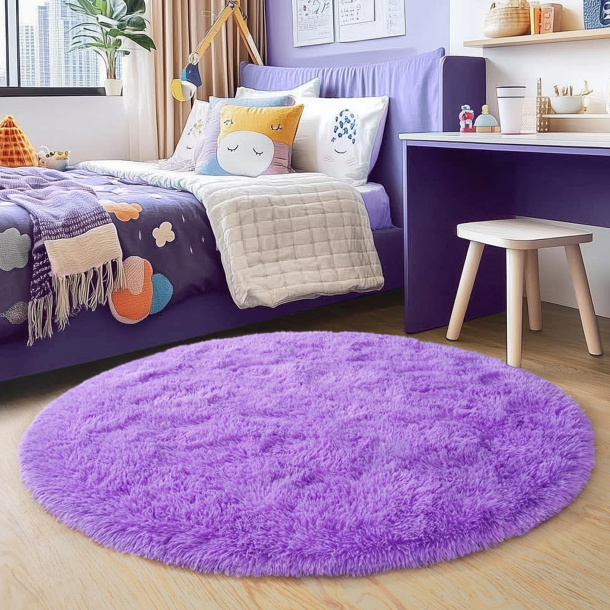 Quntue 4'x4' Grey Round Rug for Bedroom, Ultra Soft Fluffy Circle Rug for Kids Girls Boys Room, Cute Shag Rugs for Living Room Playroom Teen Room Home Decor Rug