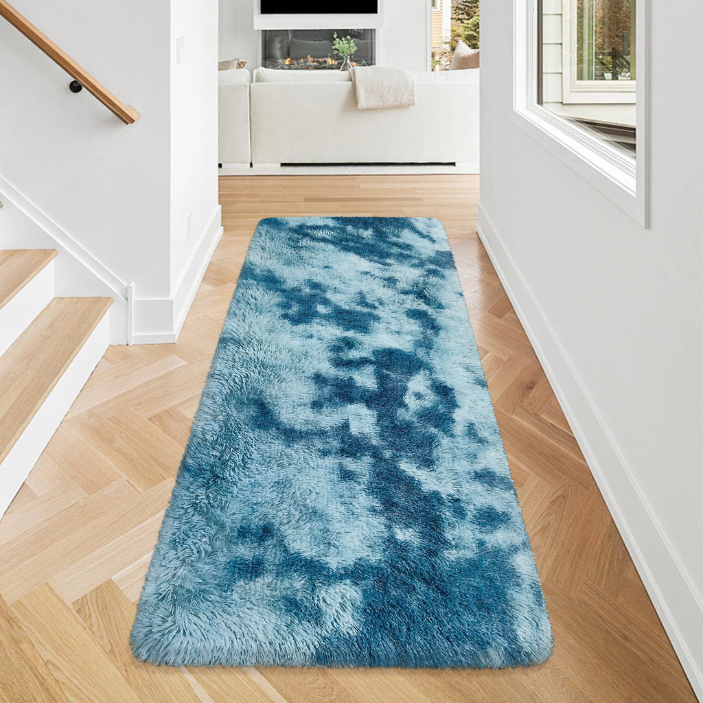 JiaoBaba Super Soft Fluffy Living Room Area Rug 2x5 ft Tie-Dyed Light Blue Shaggy Furry Carpet Washable Non-Slip Floor Rugs Bedroom Bedside Nursery Rug Fuzzy Girls Boy Dorm Home Decor Aesthetic