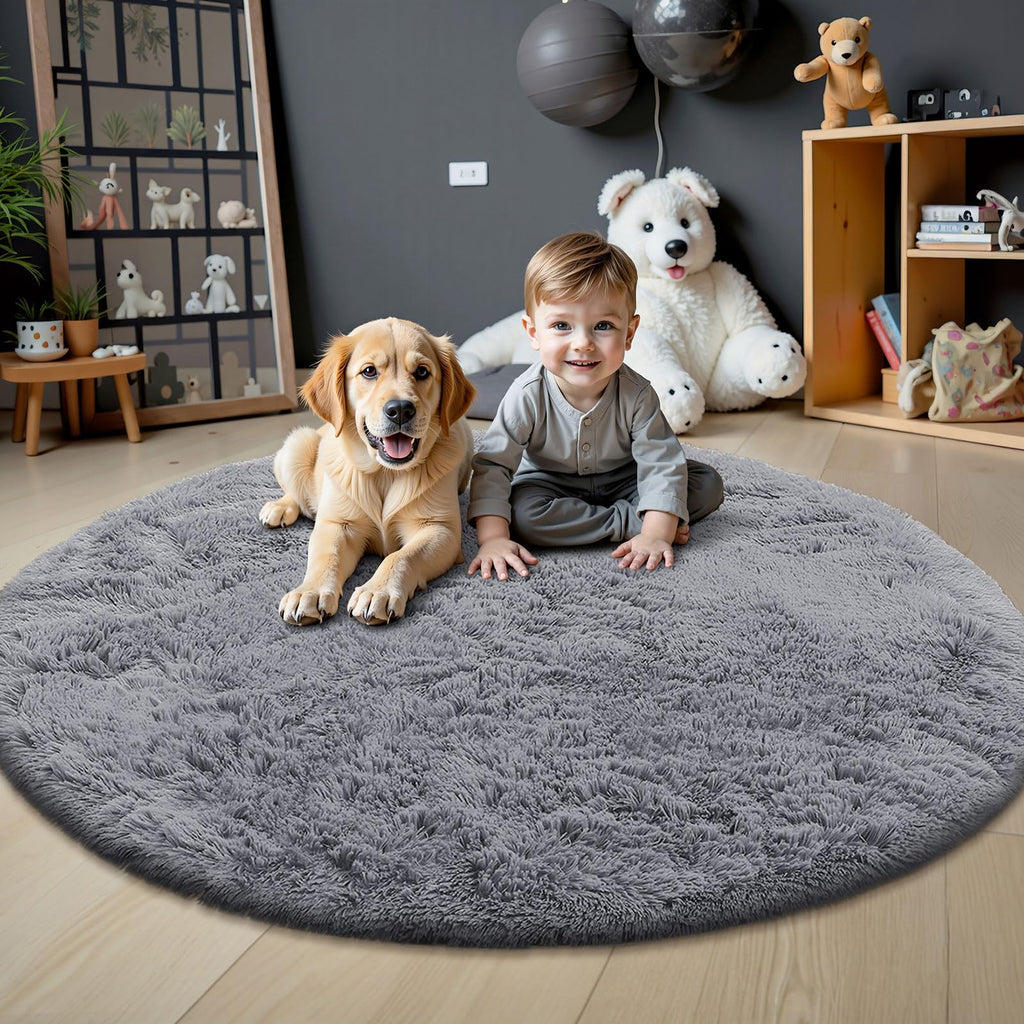 OLANLY Light Grey Round Rugs for Bedroom - Machine Washable, 5 ft Circle Area Rugs for Living Room, Soft and Fluffy Shaggy Carpet for Teen Girls and Boys, Nursery Rooms, Dorms, Home Decor Aesthetic