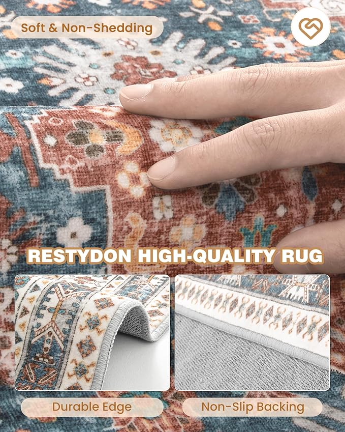 Restydon 3x5 Washable Area Rug for Entryway Non Slip Kitchen Rugs, Blue/Red
