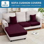 Couch Cover 3-Piece Elastic Velvet Couch Cushion Covers & Chaise Slipcovers for L-Shaped Sofas, Sofa Seat Covers Washable, Soft Cover for Couches (2 Seater + Chaise, Wine)