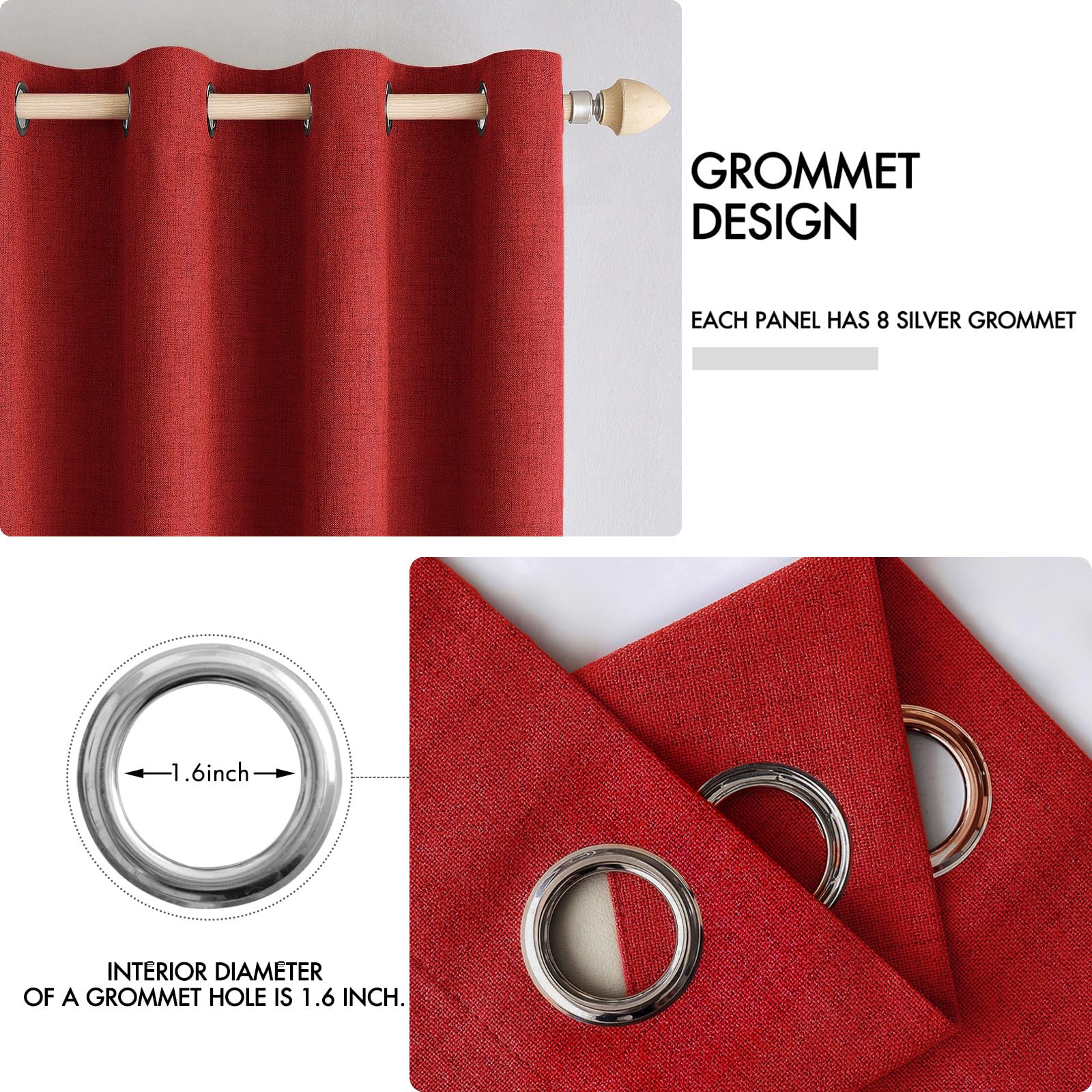 MIULEE 100% Blackout Linen Curtains for Bedroom 52x96 Inches Red