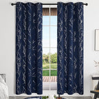 Deconovo Blackout Curtains, Navy Blue Curtain, Thermal Insulated Soundproof Drapes, Branch Silver Print, 42 x 84 Inch Long, Machine Washable Grommet Panels for Bedroom Living Room Office, Set of 2