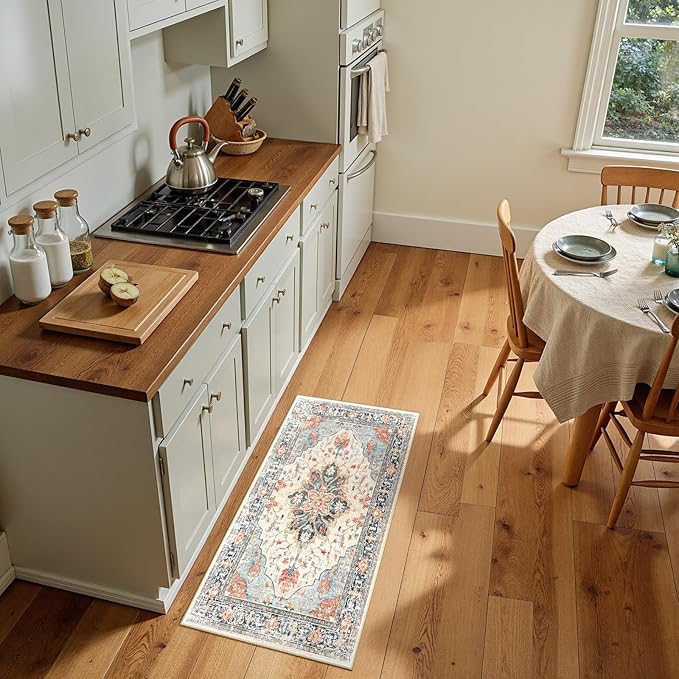 RELEANY Washable Area Rug, Small 2'x4', Beige/Blue/Orange