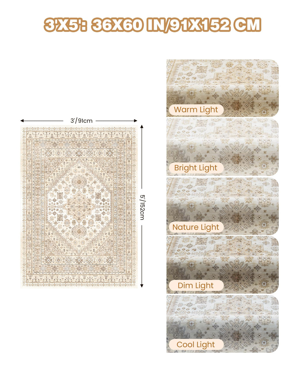 Restydon 3x5 Washable Area Rug for Entryway Non Slip Rugs, Cream/Beige