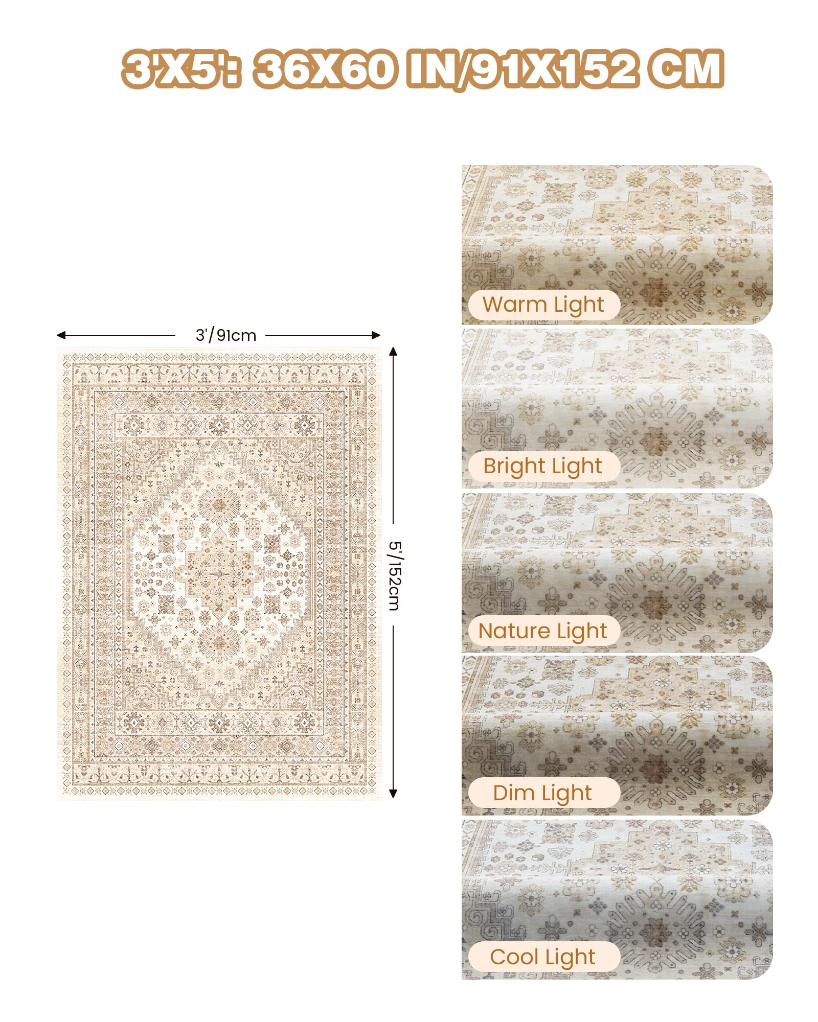 Restydon 3x5 Washable Area Rug for Entryway Non Slip Rugs, Cream/Beige