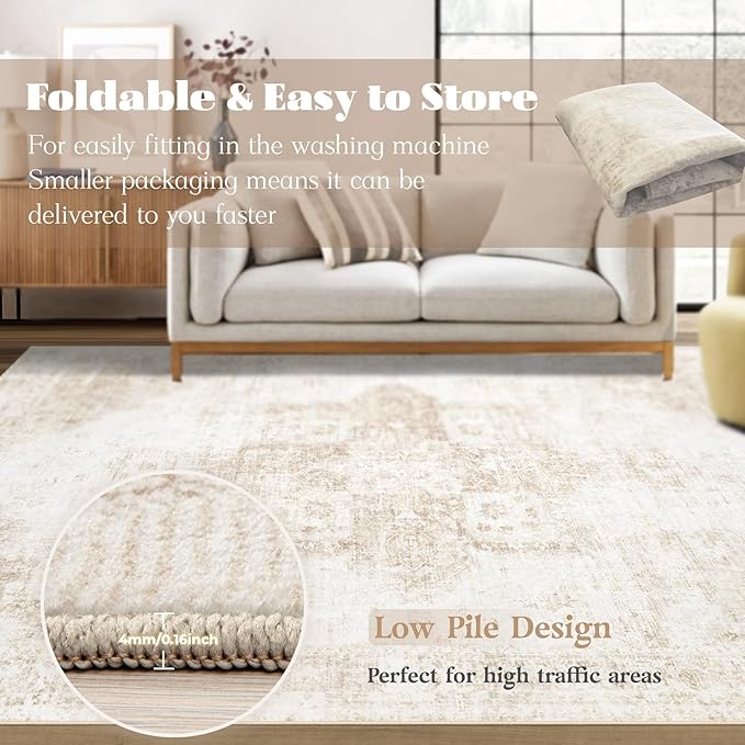 VECARF Area Rug 10x12 Washable Rug, Vintage Boho Medallion Rugs Non-Slip Soft Low Pile Large Distressed Rug Indoor Retro Carpet for Living Room Bedroom Dining Room Home Office (Beige, 10'x12')
