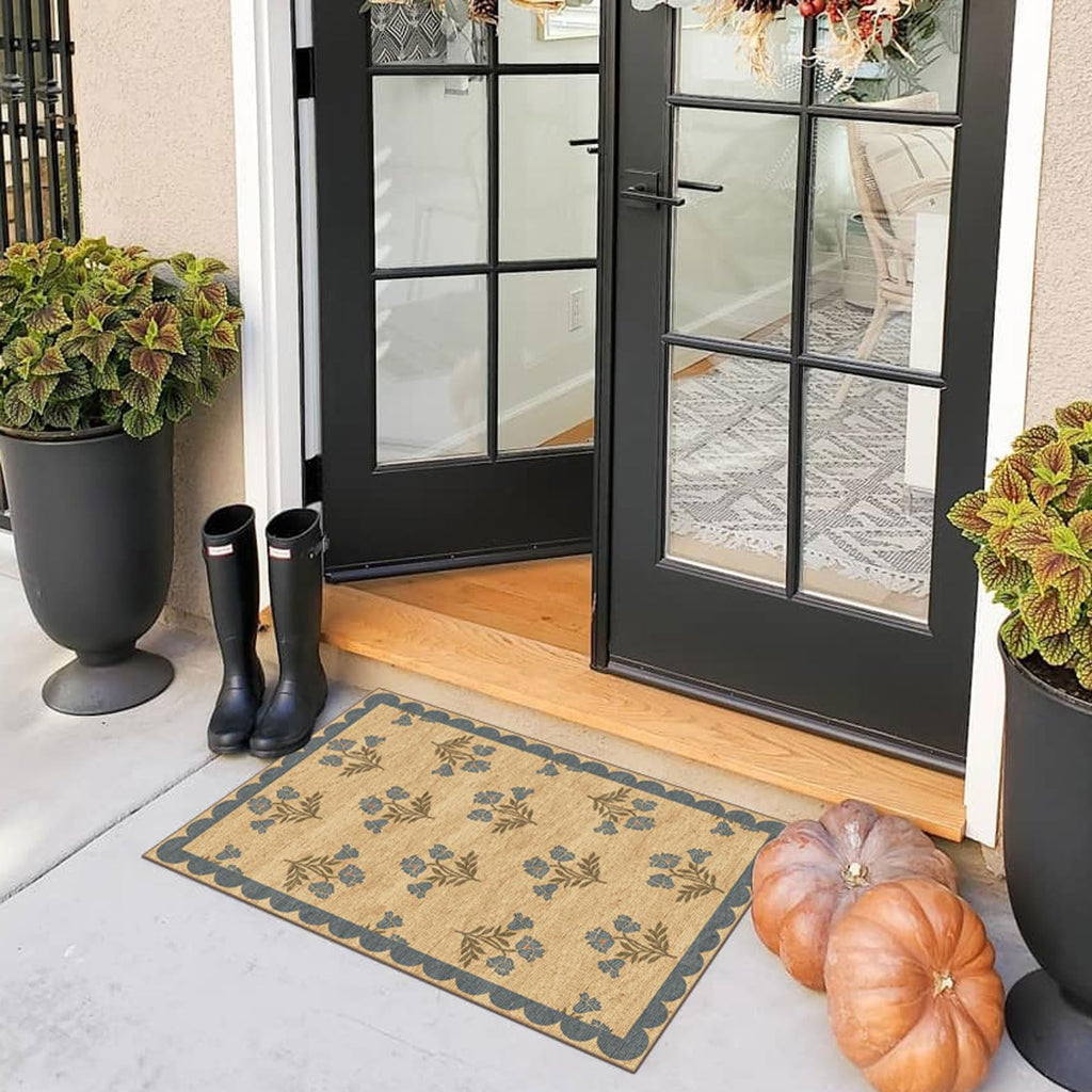 Othilic Front Door Mat Outside Entrance - 2x3 Floral Non-Slip Washable Doormat Indoor Outdoor Mat Jute-Look Farmhouse Blue Scalloped Entry Rug Small Throw Rugs for Entryway Kitchen Front Porch Decor