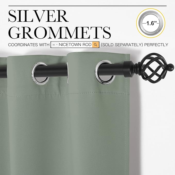 NICETOWN Greyish Green Room Darkening Curtains for Kitchen, Window Treatment Thermal Insulated Solid Grommet Room Darkening Curtains/Drapes for Bedroom (Set of 2, 42 inches Wide by 50 inches Long)