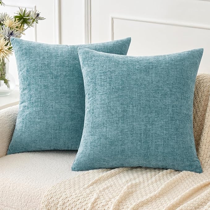 MIULEE Pack of 2 Smoke Blue Throw Pillow Covers 16x16 Inch Soft Chenille Pillow Covers for Sofa Living Room Couch Solid Dyed Cases