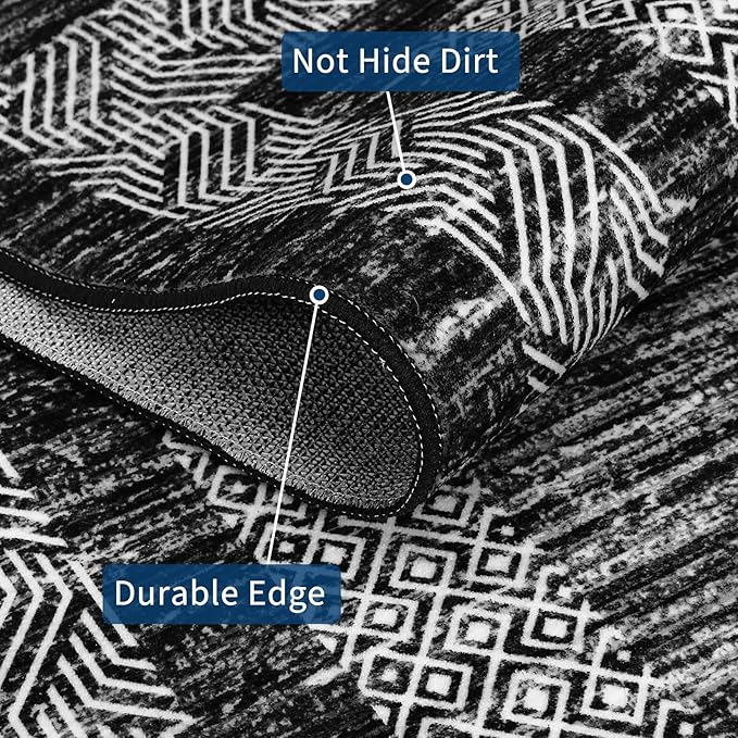 GarveeHome Large Washable Rug 9x12 Modern Geometric Non Slip, Distressed Bordered Printed Rug, Soft Non Shedding Indoor Carpet, Low Pile Thin Foldable Mats for Open Spaces Offices, Black