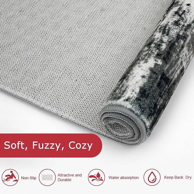 KOZYFLY Modern Abstract Hallway Runner, 2x10 Washable Rug Runner Non-Slip Soft Striped Kitchen Runner Rug, Black Grey Print Carpet for Entryway Bathroom Laundry Room Foyer