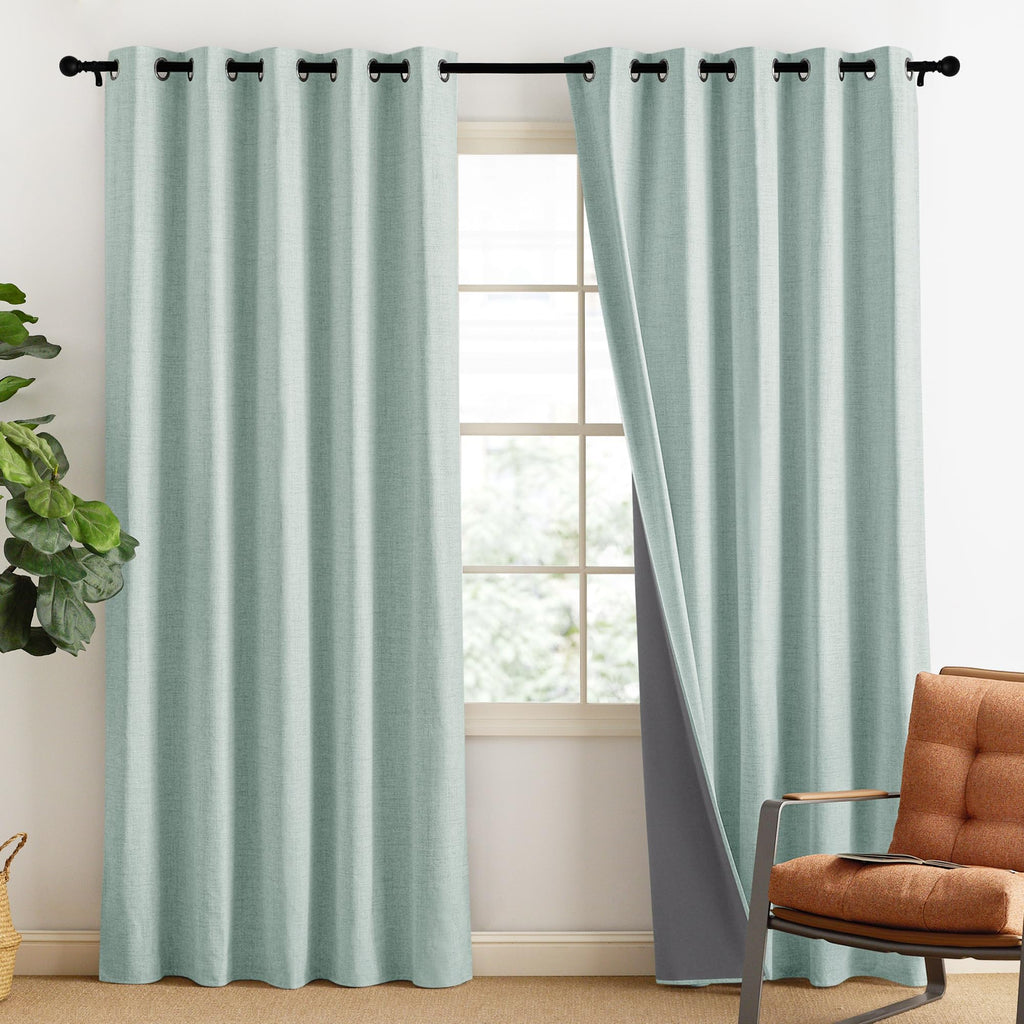 NICETOWN 100% Absolutely Blackout Linen Curtains with Thermal Insulated Liner, Seafoam Green, 62" Wide, 84" Length Energy Saving Curtains for Living Room 2 Panels Set, Vertical Blinds
