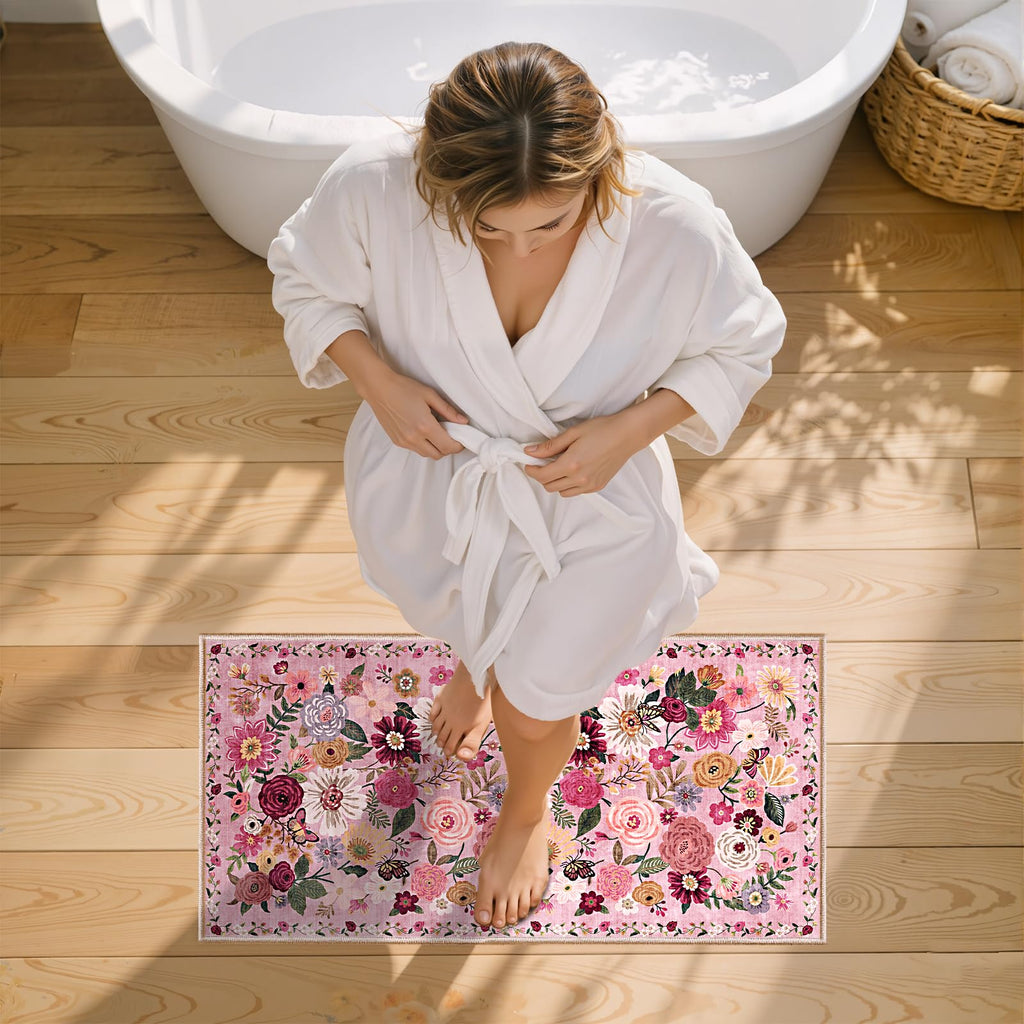 Babovid Pink Floral Hallway Runner Rug 2x4 for Bedroom Kitchen