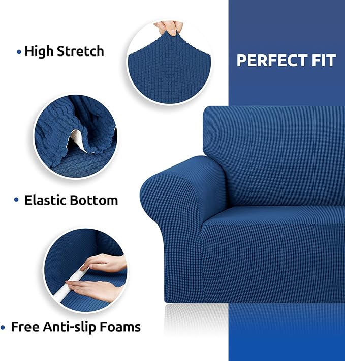 KEKUOU Stretch Couch Covers for Sofa, 3 Cushion Couch Slipcover,Classic Blue