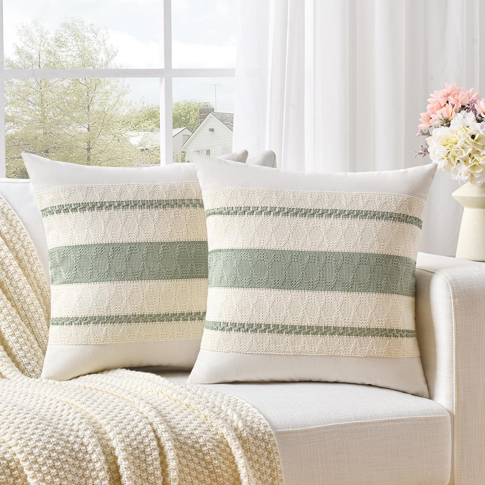 Fancy Homi Set of 1 Sage Green Boho Decorative Throw Pillow Covers 22x22 Inch for Living Room Bedroom Couch Bed Indoors, Rustic Retro Cushion Case 55x55 cm, Bohemian Room Home Decor