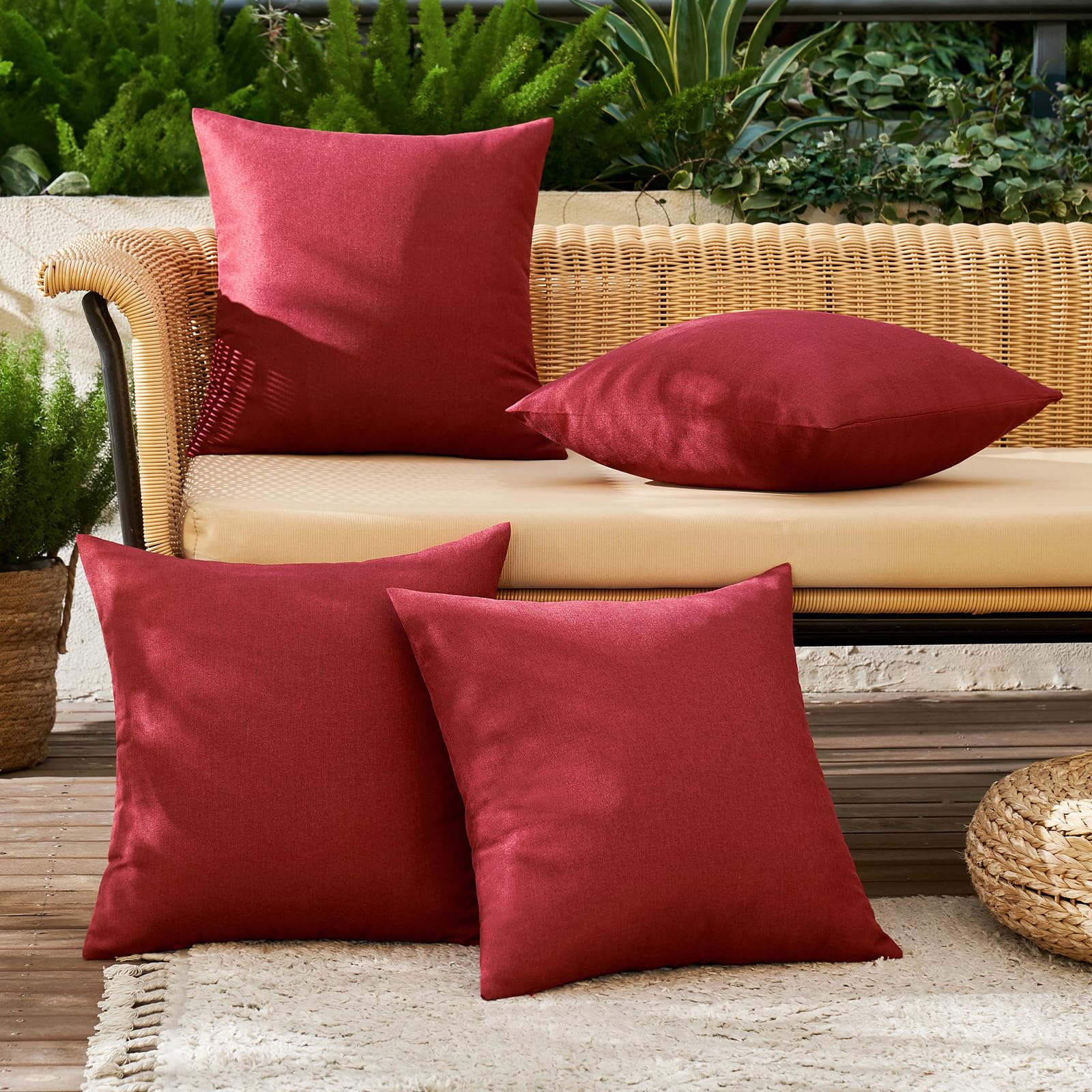 MIULEE Pack of 4 Decorative Outdoor Throw Pillow Covers Linen Waterproof Pillow Covers Summer Farmhouse Cushion Cases for Patio Garden Tent Balcony Couch Sofa 18x18 Inch Burgundy