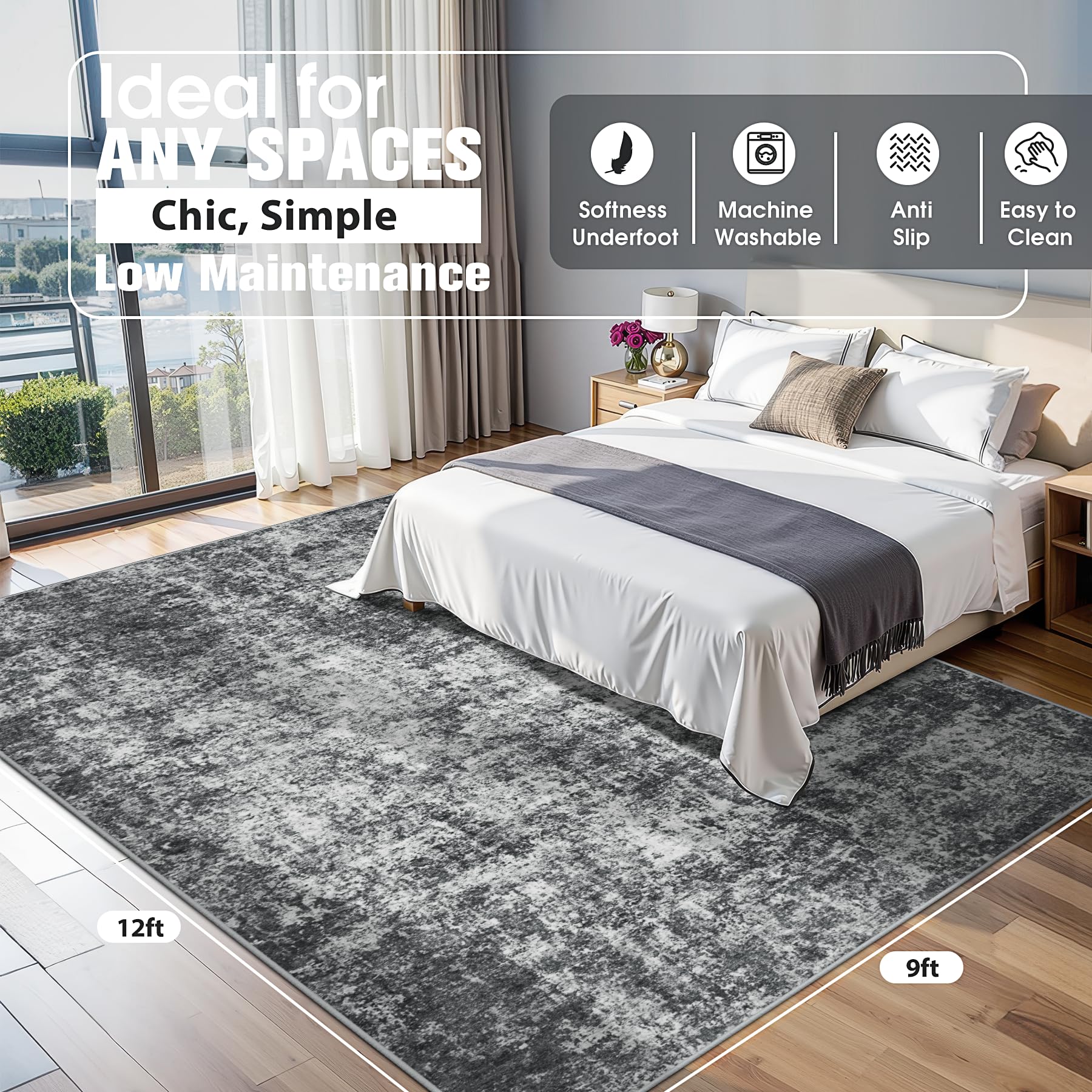 9x12 Area Rugs for Living Room Washable Bedroom Dining Room Black Grey