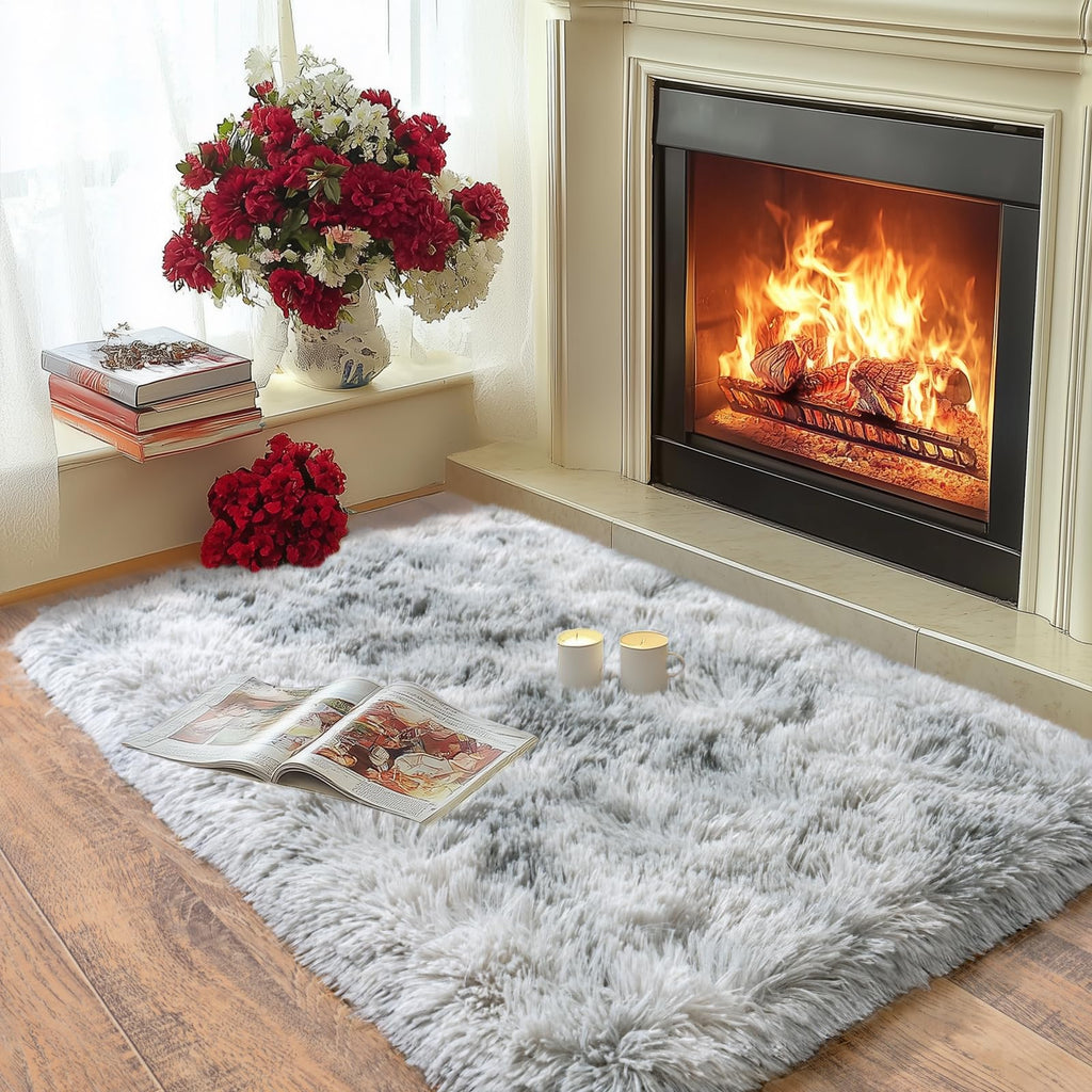 Fluffy Small Rug for Bedroom 2x3 Feet, Shag Soft Area Rug, Tie Dye Grey