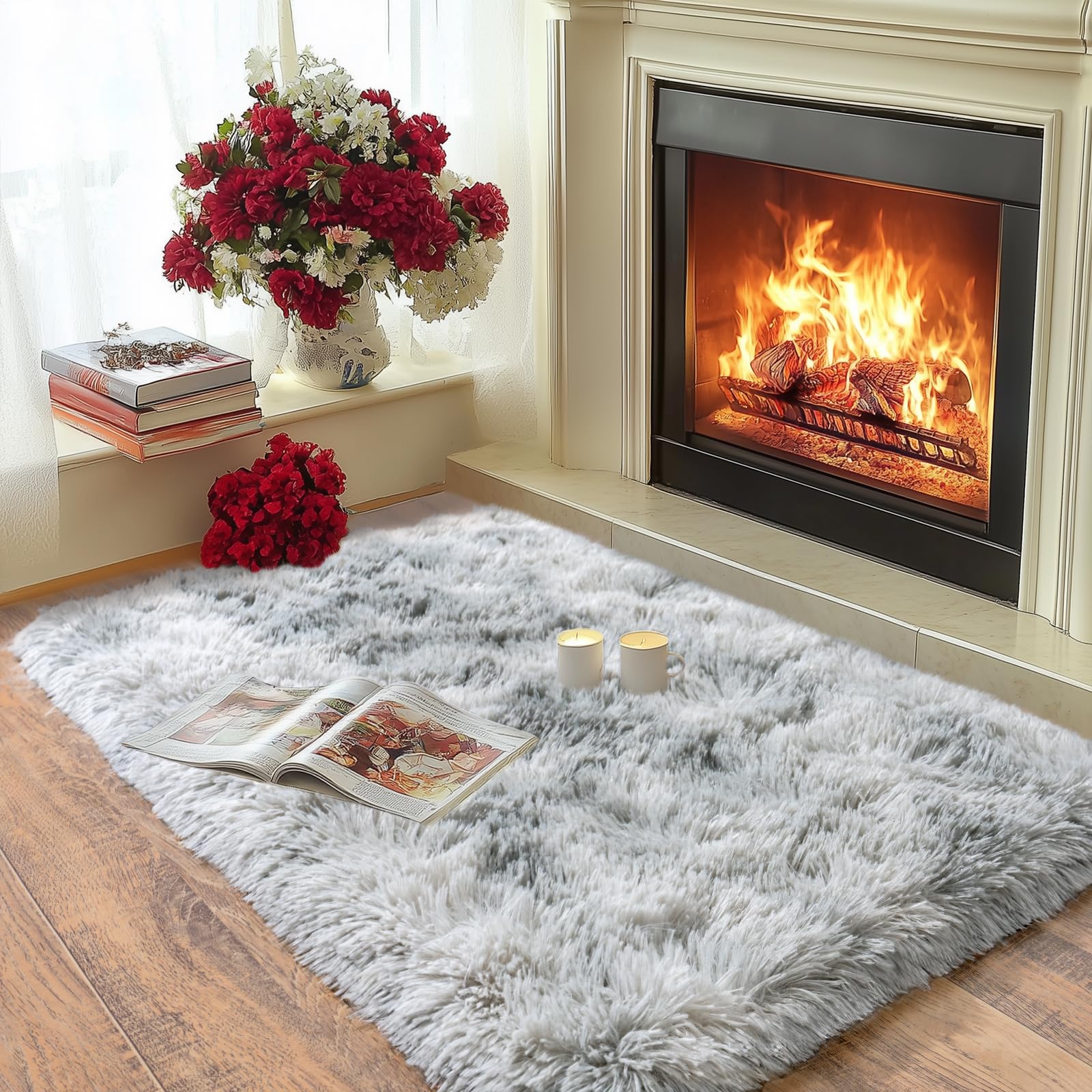 Fluffy Small Rug for Bedroom 2x3 Feet, Shag Soft Area Rug, Tie Dye Grey
