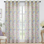 Yakamok Farmhouse Linen Curtains for Living Room 84 Inches Long,Texture Curtains Blue and Purple Grommet Leaves Plant Pattern Bedroom Curtain 2 Panels