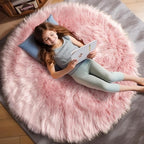 Ashler Faux Fur Rug, Pink Fluffy Shaggy Area Rug, Soft 3x3 Ft Round Sheepskin, Fuzzy Machine Washable Carpet, Nursery Rug for Kids Bedroom, Living Room