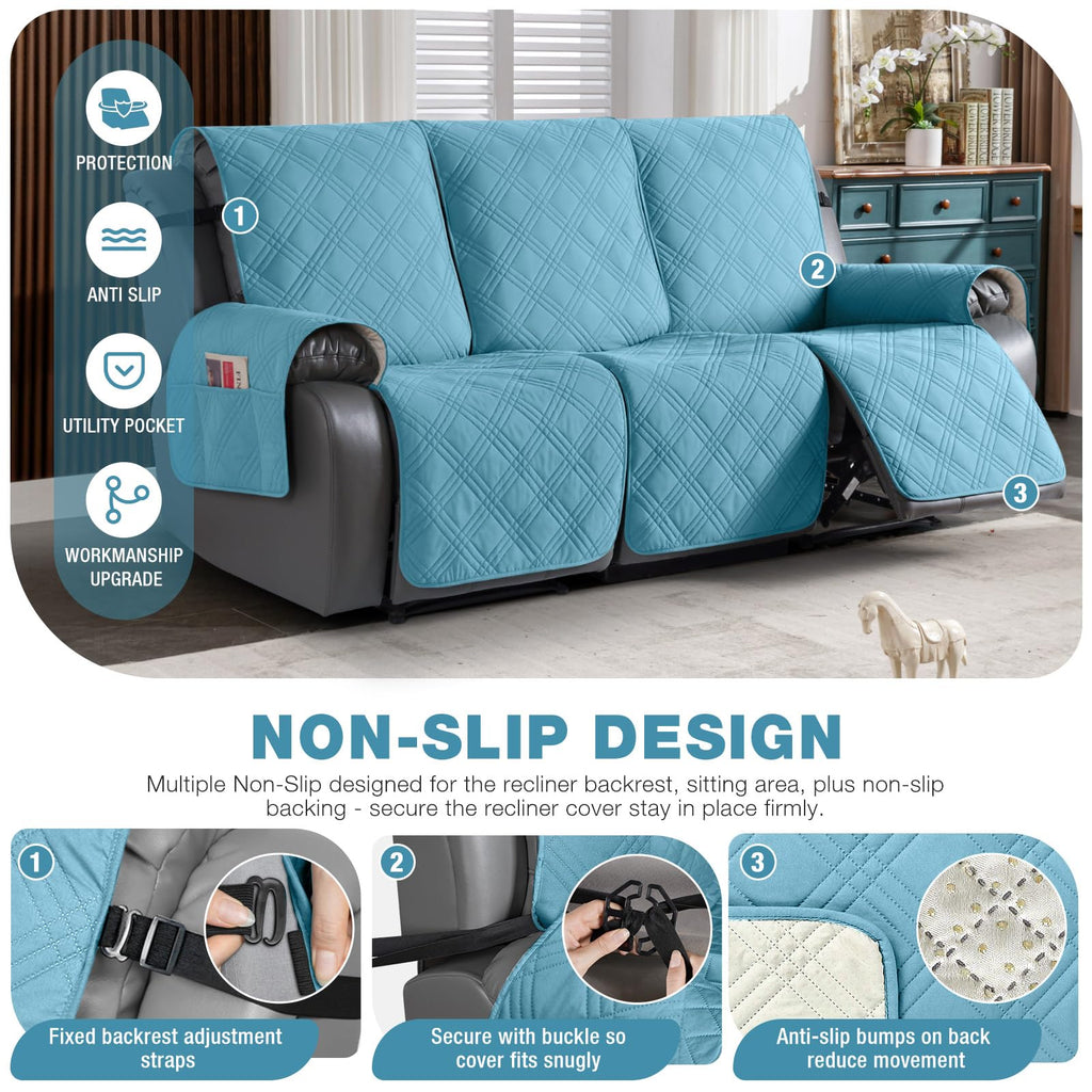TAOCOCO 100% Waterproof Recliner Sofa Covers 3 Seater Split Couch Covers for 3 Cushion Reclining Couch with Straps, Non Slip Reclining Sofa Covers Furniture Protector for Kids Pets(3 Seater, Sky Blue)