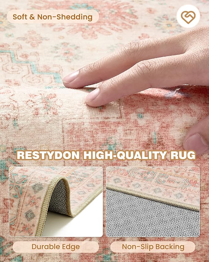 2x5 Rug Runner Washable for Entryway, Soft Bathroom Rugs with Non-Slip Backing,Vintage Low Pile Stair Runner, Small Kitchen Carpet for Hallways, Laundry Room(Pink,2'x5')