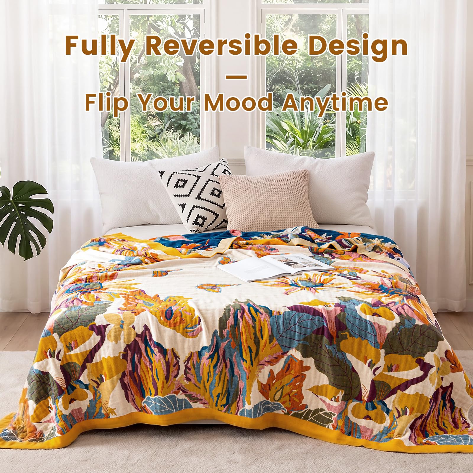 MSGKV Boho Throw Blanket 50"x60" Cotton Throw for Couch Sofa, Floral Quilt