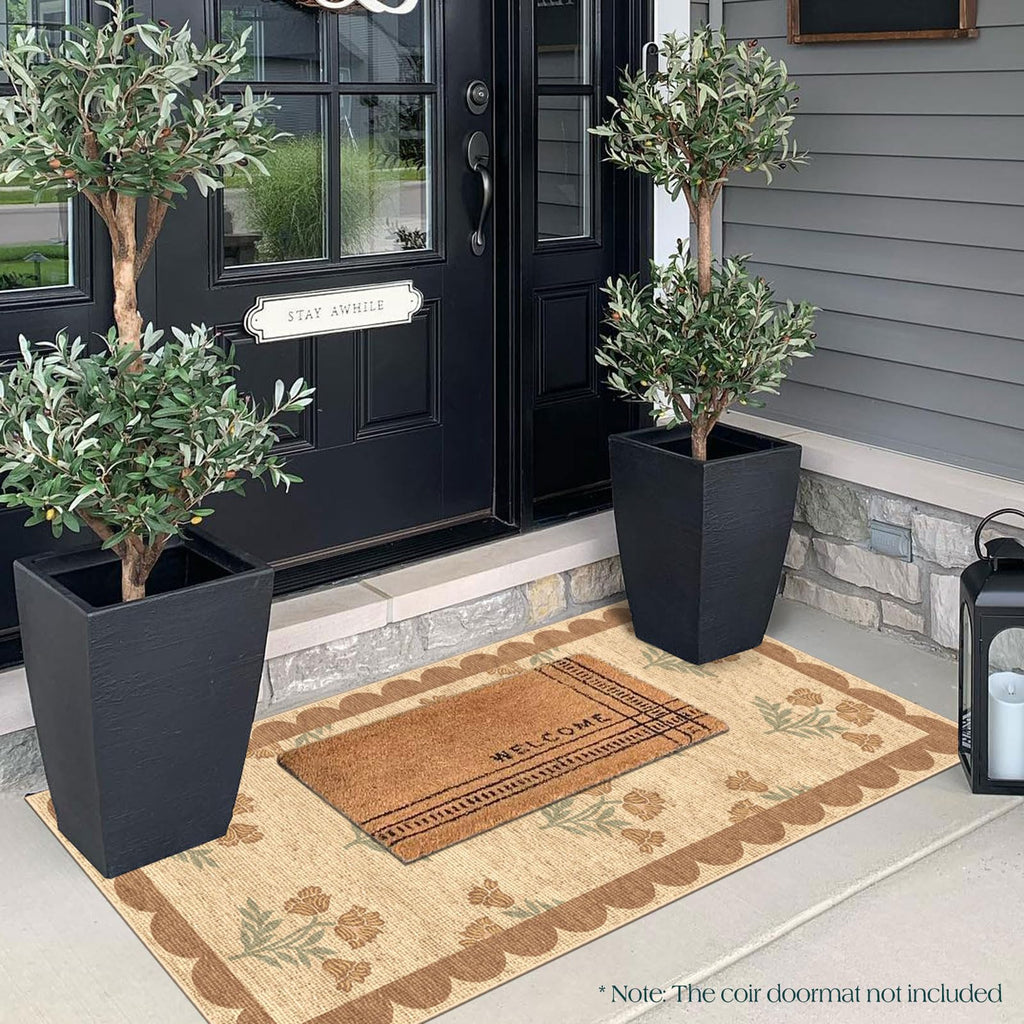 Othilic Front Door Mat Indoor Entrance - 2x4.3 Ft Tan Floral Washable Layered Doormat Outdoor Entrance Porch Rug Non-Slip Neutral Country Jute-Look Runner Rug for Kitchen Mud Laundry Room Porch Decor
