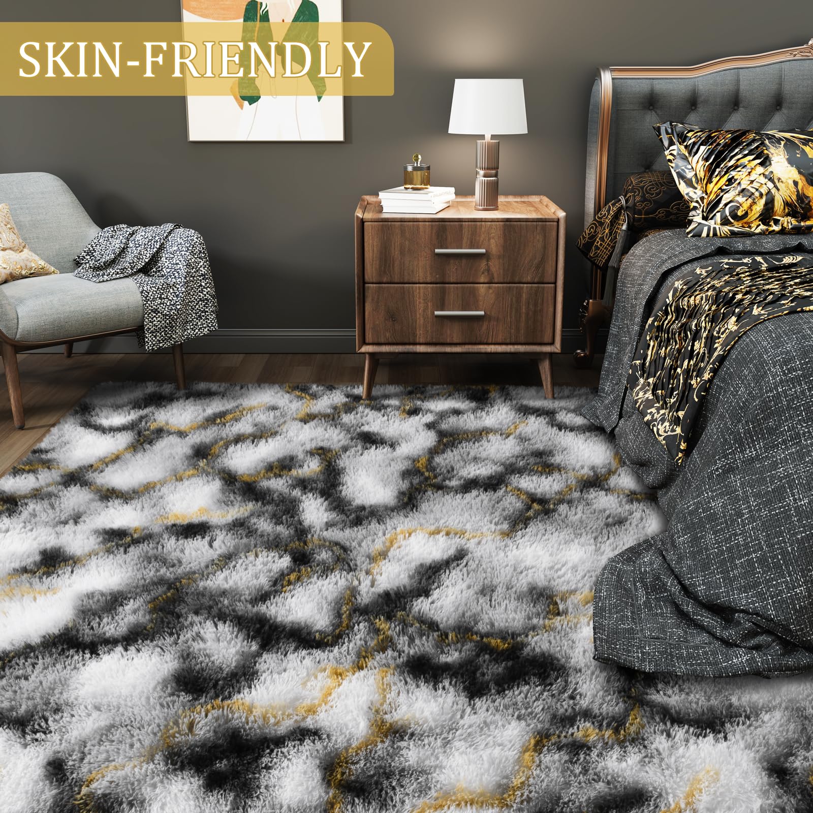 LOCHAS Area Rugs Fluffy Living Room Carpets for Kids Bedroom 6x9, Grey-Gold