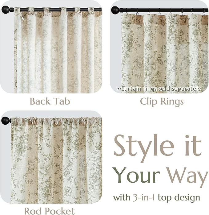 jinchan Linen Blend Floral Curtains for Living Room 108 Inch Length Farmhouse Printed Curtain Rod Pocket Back Tab Sage Green Peony Flower Patterned Drapes Bedroom Curtains Set 2 Panels
