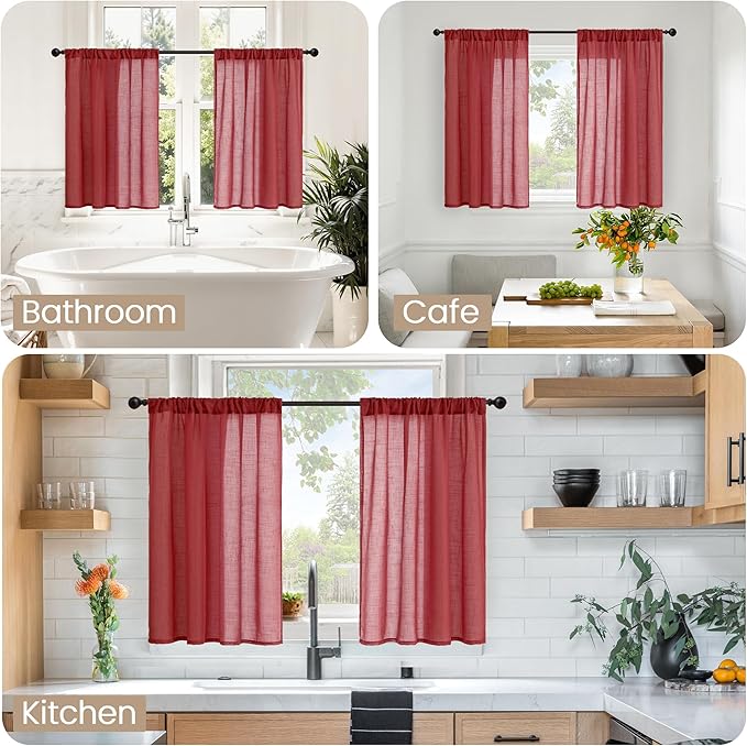 BGment Linen Burgundy Curtains 40 Inch Length for Kitchen Window, Small Semi Sheer Drapes for Cafe Over Sink Bathroom Lightweight Rod Pocket Light Filtering, 2 Panels Set, Each 30 Inch Wide