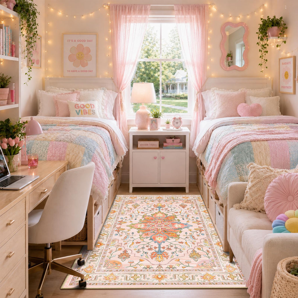 RELEANY Washable Area Rug, 3'x5', Pink/Light Pink/Colorful