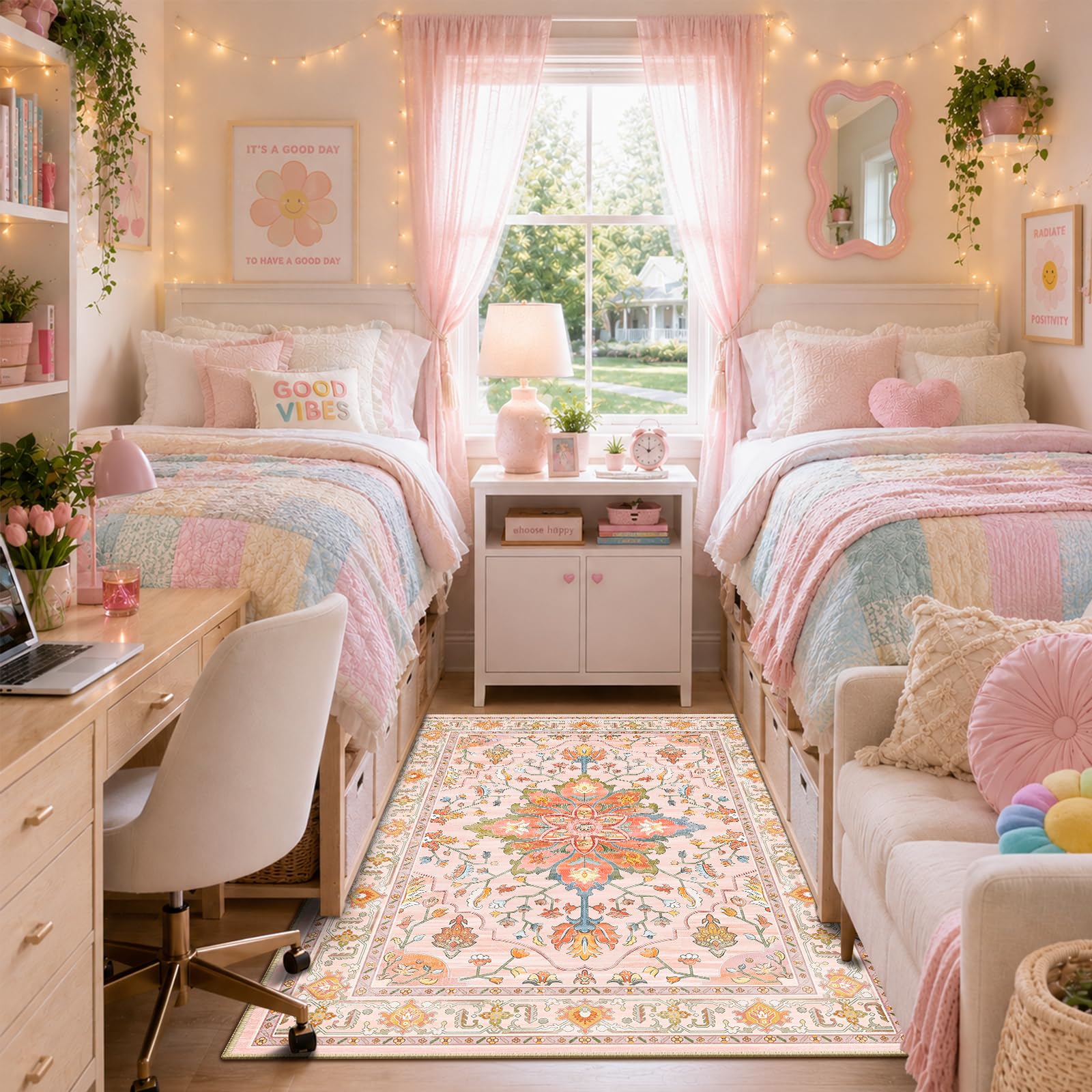 RELEANY Washable Area Rug, 3'x5', Pink/Light Pink/Colorful