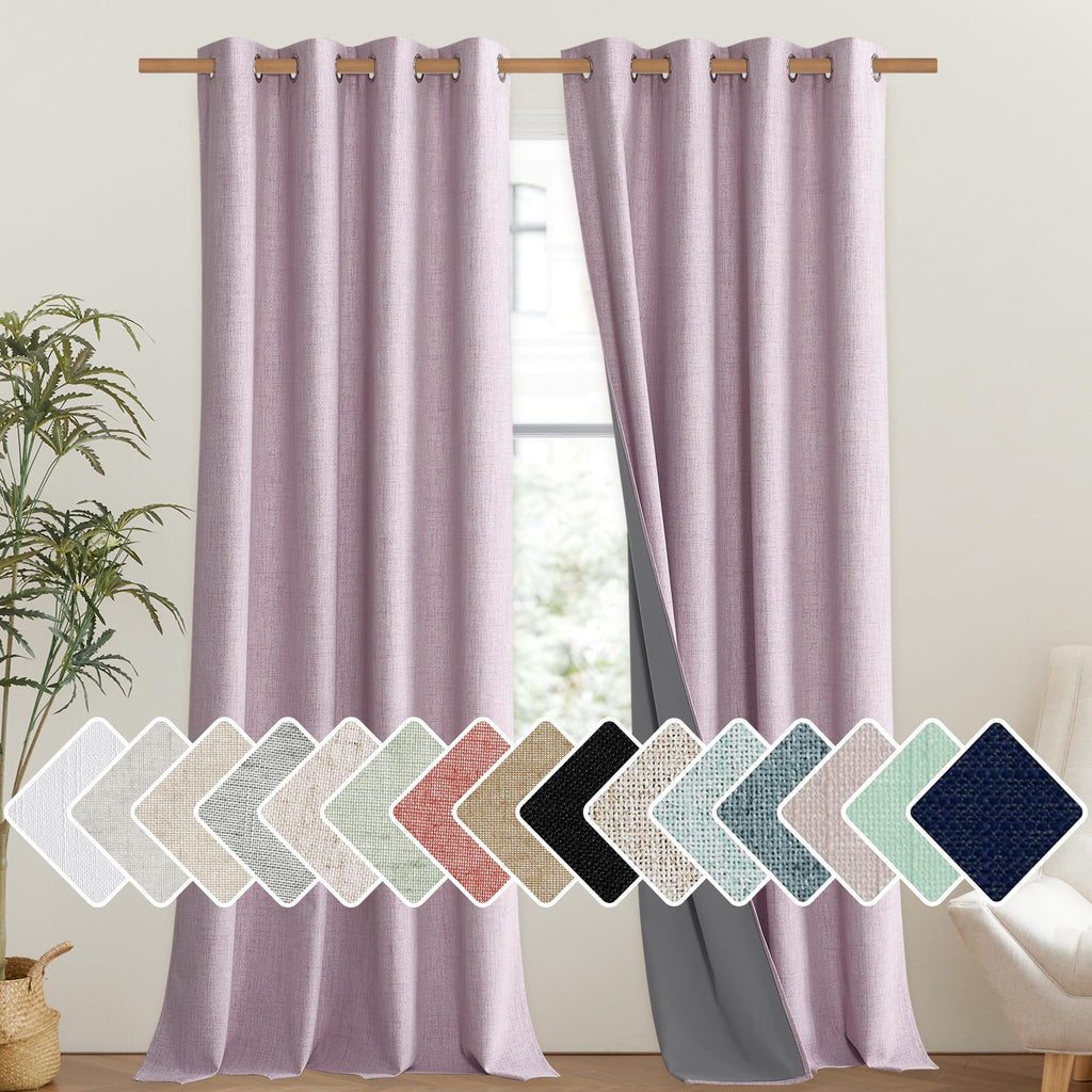 NICETOWN Pink Vintage Linen 100% Blackout Curtains for Living Room, Thermal Insulated Curtains 95" Long, Noise Reducing Window Treatment Drapes for Bedroom, 52" Wide Per Panel, Set of 2