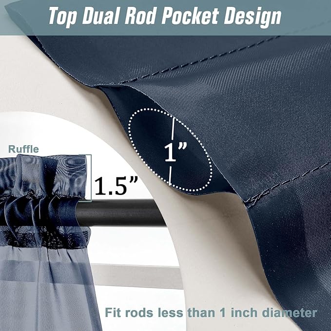 Navy Blue Window Sheer Curtains 45 Inches Length, Voile Short Curtains for Living Room Bedroom, Modern Soft Window Drapes 2 Panels Set, Top Dual Rod Pocket Design, 2x42Wx45L Inches