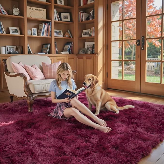 Area Rugs 9x12 Living Room, Burgundy Large Shaggy Carpet Plush Furry Rug