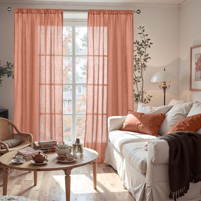 BGment Linen Curtains 84 Inch Length for Living Room, Terracotta Semi Sheer Drapes Rustic Textured for Bedroom Office Decor with Rod Pocket Lightweight,2 Panels Set, Each 42 Inch Wide