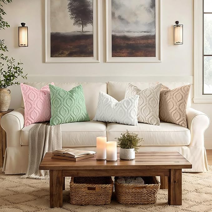 decorUhome Throw Pillow Covers 20x20 Inch Set of 2, Soft Plush Faux Wool Sage Green Solid Couch Pillow Covers, Accent Farmhouse Neutral Square Pillow Cases for Sofa Bed Living Room