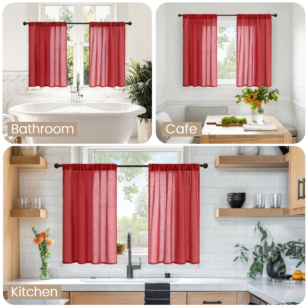 BGment Red Linen Curtains 40 Inch Length for Kitchen Window, Short Semi Sheer Drapes with Rod Pocket Light Filtering for Cafe Over Sink Bathroom Lightweight, 2 Panels, Each 30 Inch Wide