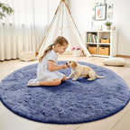 OLANLY Denim Blue Round Rugs for Bedroom - Machine Washable, 7 ft Circle Area Rugs for Living Room, Soft and Fluffy Shaggy Carpet for Teen Girl and Boys, Nursery Rooms, Dorms, Home Decor Aesthetic
