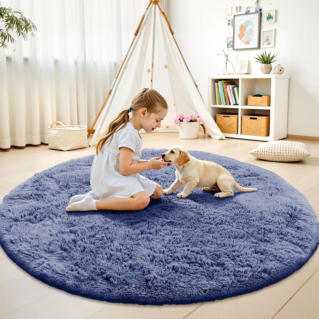 OLANLY Denim Blue Round Rugs for Bedroom - Machine Washable, 5 ft Circle Area Rugs for Living Room, Soft and Fluffy Shaggy Carpet for Teen Girl and Boys, Nursery Rooms, Dorms, Home Decor Aesthetic